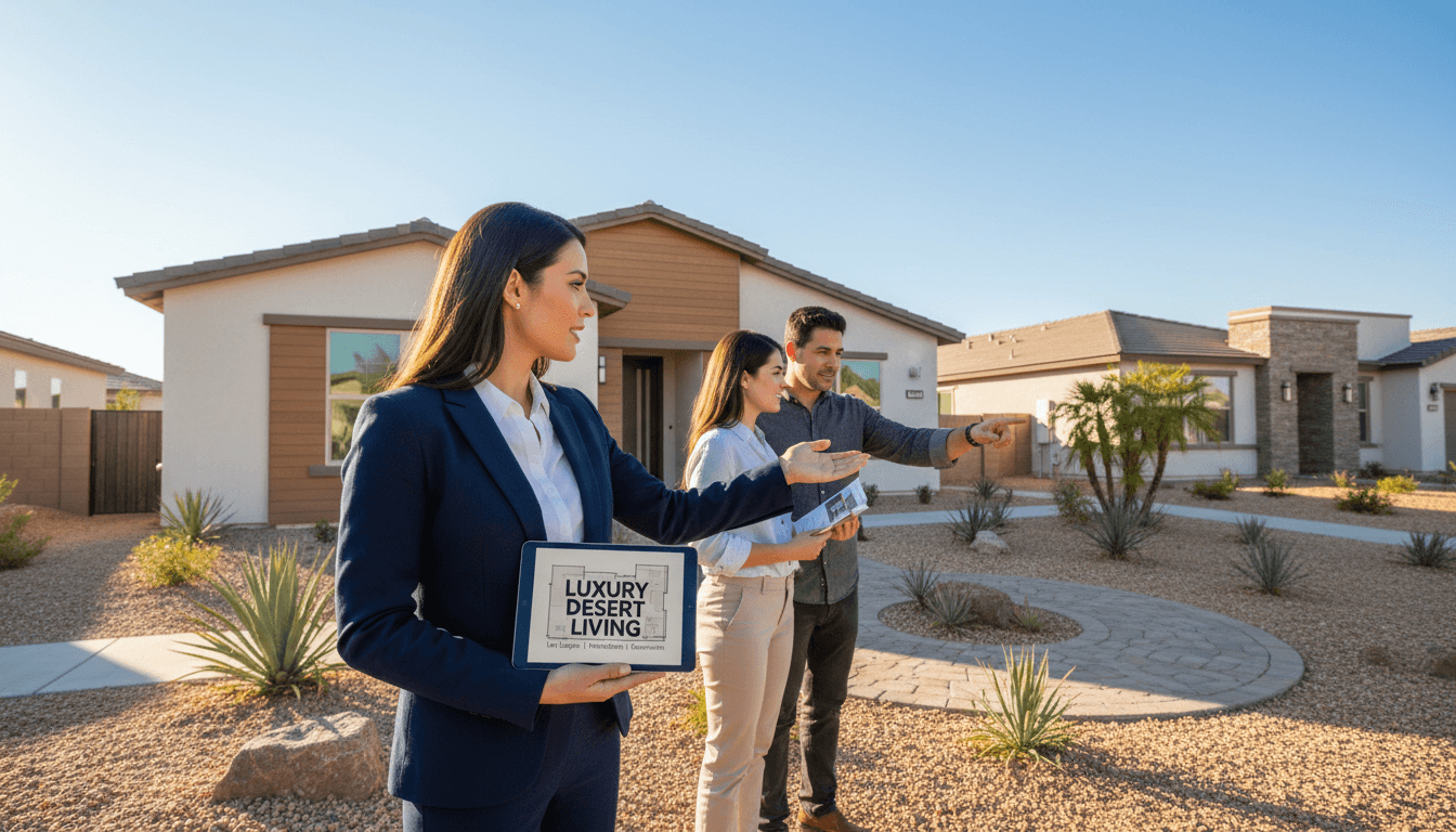 Real estate agent engaging with clients outside a modern Las Vegas home
