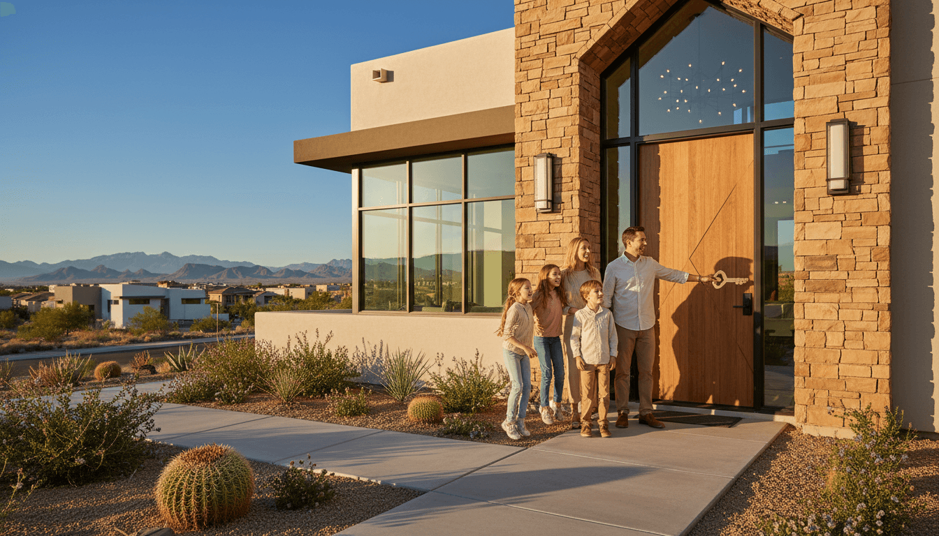 Family standing in front of their new home in Las Vegas