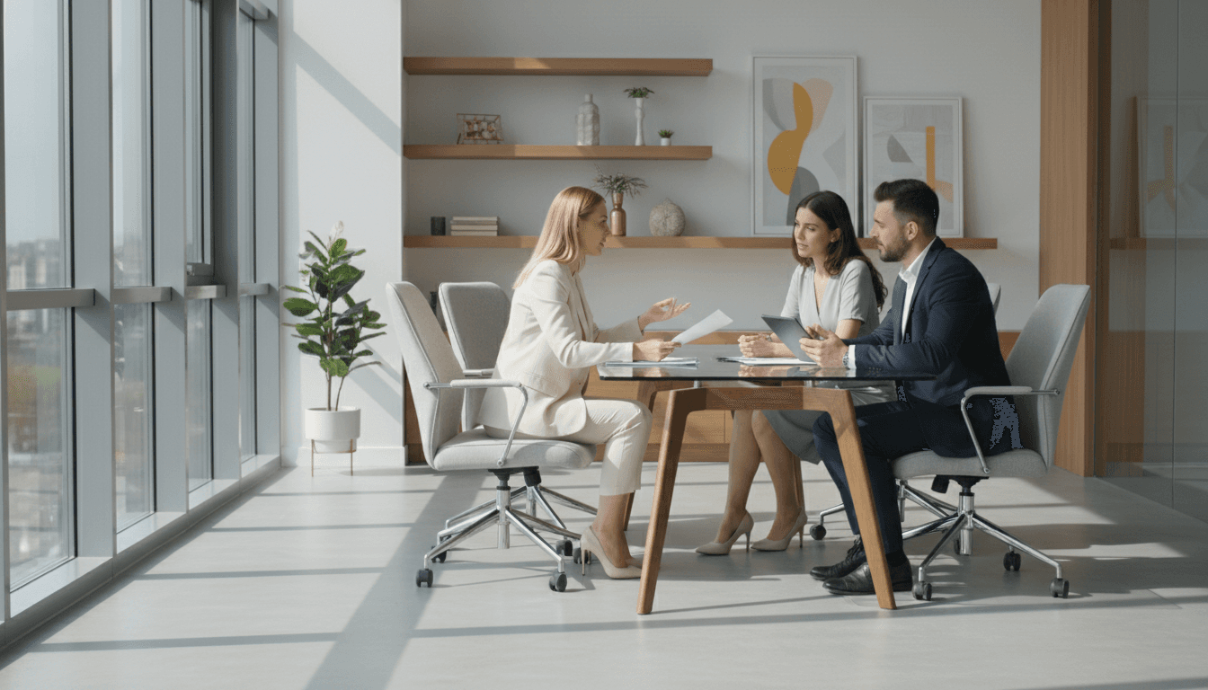 Real estate agent negotiating offer terms with buyers and their representative