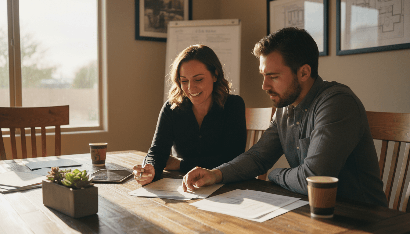Real estate agent and buyer reviewing offer terms