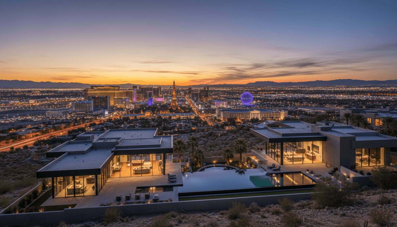 Las Vegas Strip at sunset with modern home in foreground.