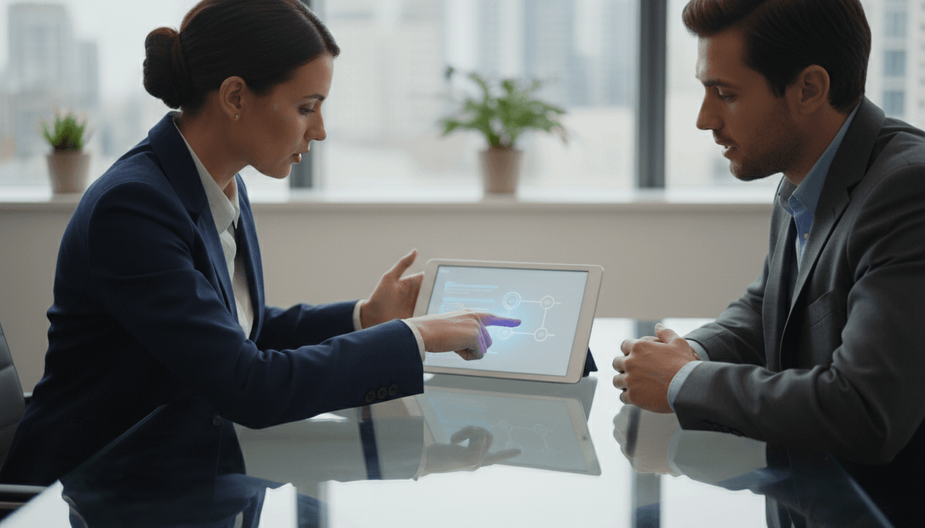 Agent explaining timeline and milestones on tablet