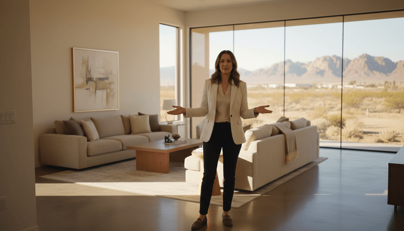 Real estate agent showing a modern Las Vegas home during a property viewing