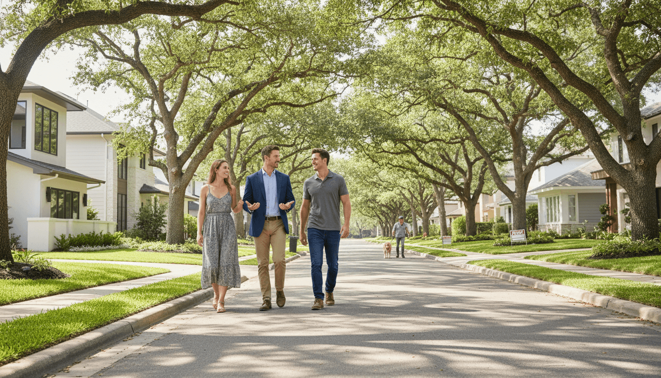 Agent showing neighborhood to prospective buyers