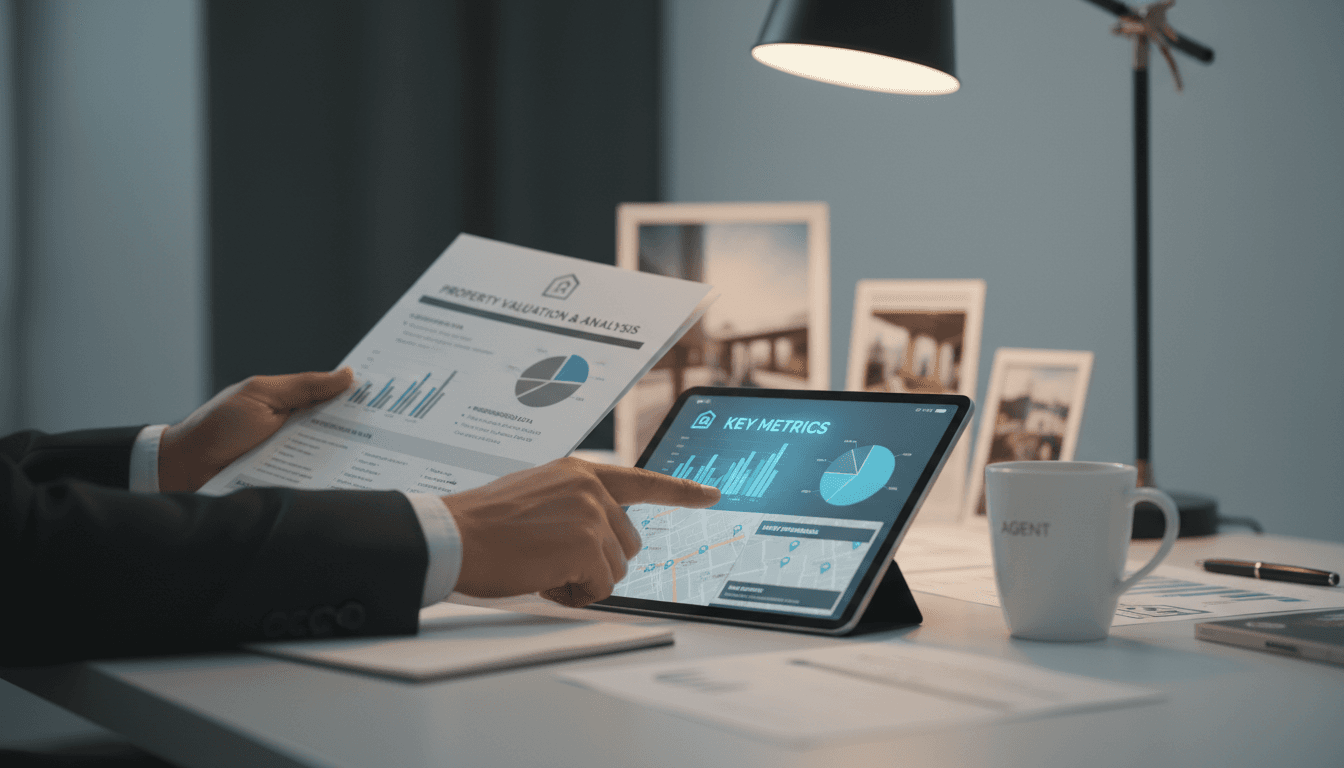 Real estate professional reviewing property valuation data and market analysis