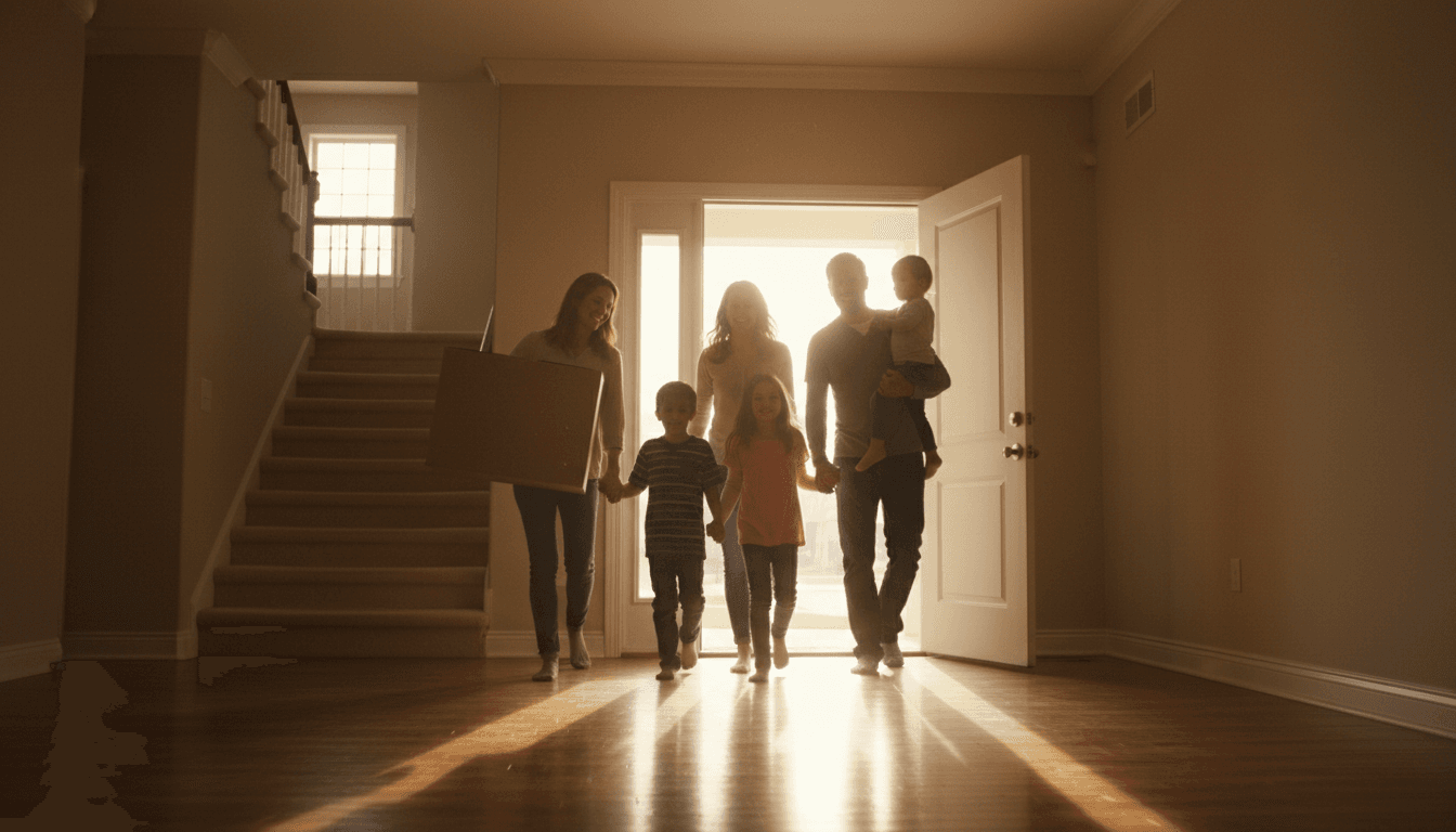 Family walking through the front door of their new home, natural light streaming in