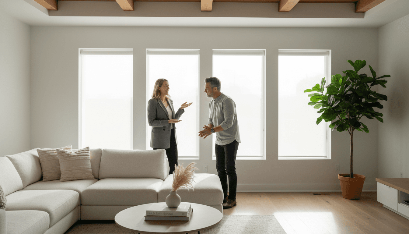 Real estate agent helping homeowner understand staging for listing