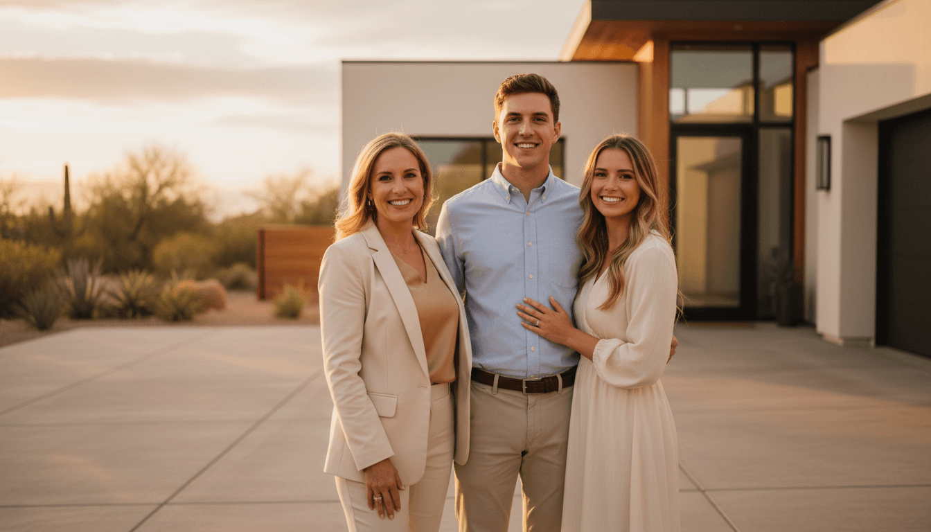 Real estate agent and clients smiling in front of Las Vegas home