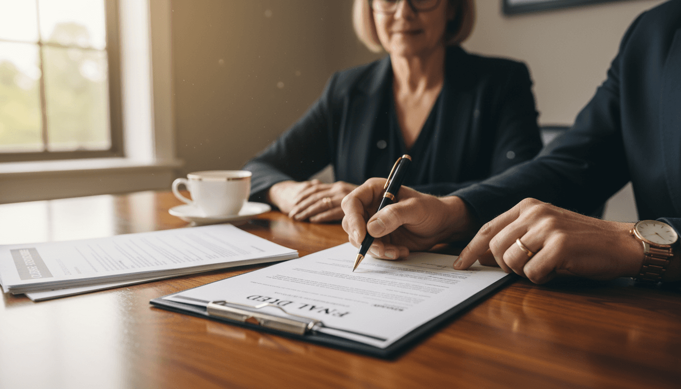 Homeowner signing closing documents with real estate agent and notary present