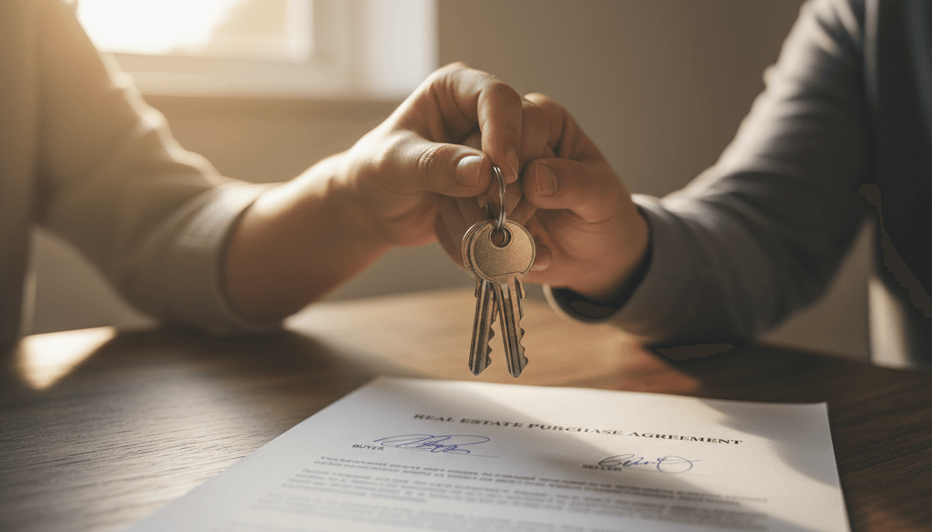 Hands holding keys over a signed real estate closing document