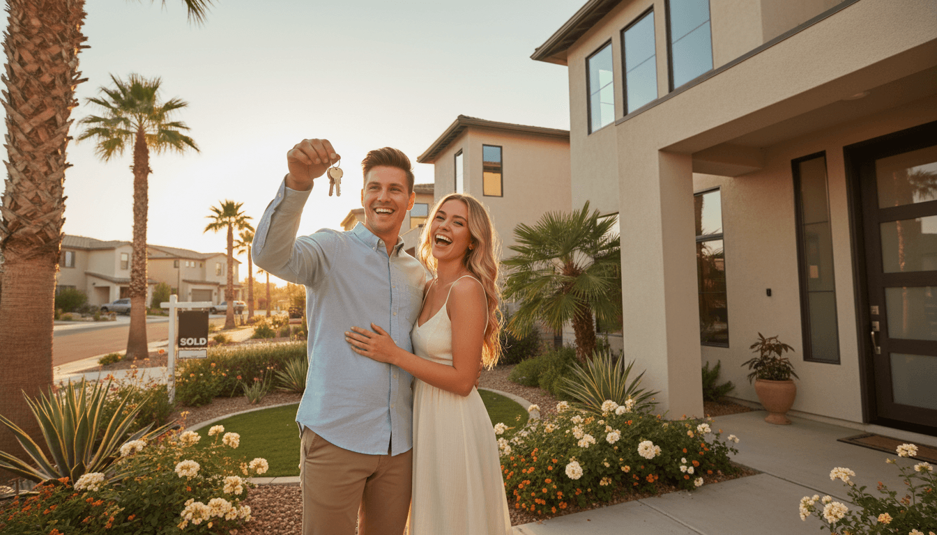 Couple celebrating with house keys in front of their new Las Vegas home at sunset
