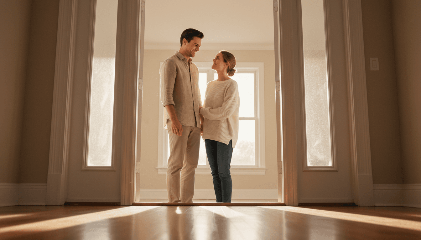 Young professional couple smiling naturally at each other in the doorway of their new home, warm morning light